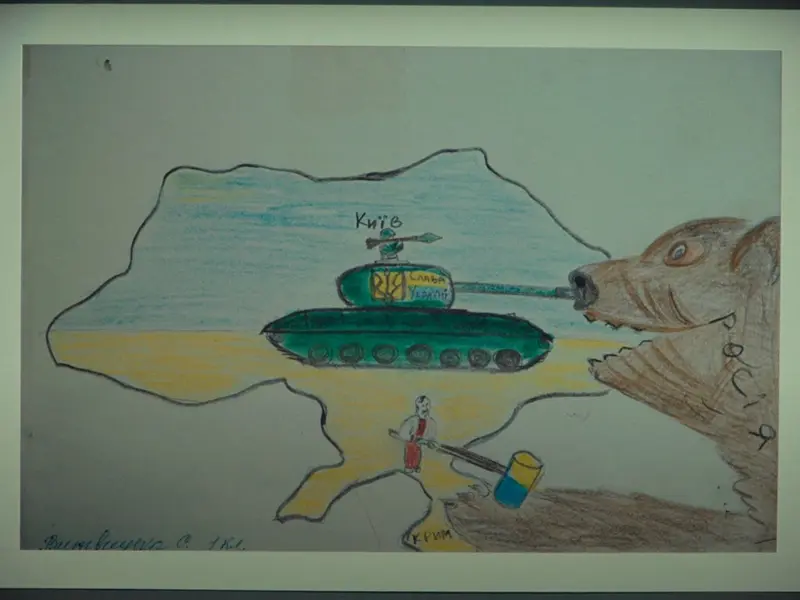 A Ukrainian child’s drawing in a village school reflecting their awareness of danger and Russia’s genocidal war against Ukrainians.