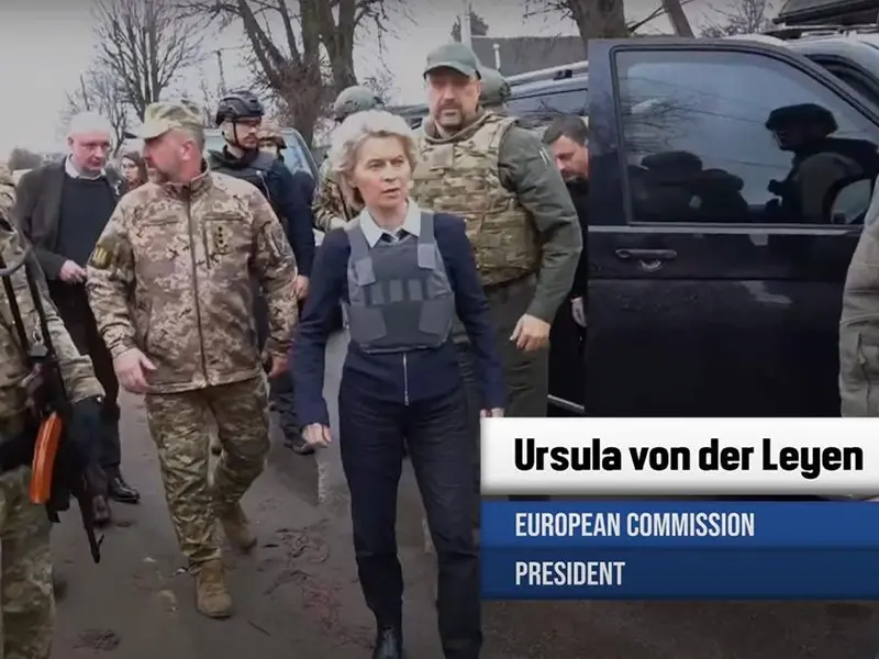 Ursula von der Leyen, President of the European Commission, arriving in April 2022 to Bucha to witness the aftermath of the Russian massacre of civilians.